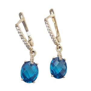 YELLOW GOLD EARRINGS – WITH A CENTERD BIG 3D BLUE STONE