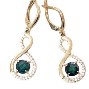 YELLOW GOLD INFINTY DROP EARRINGS – WITH A GREEN STONE