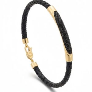 14K Yellow Gold LEATHER BRACELET - Black Stones