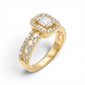 טבעת זהב 14K עם יהלום אמרלד והילה משובצת (0.71ct G/VS)