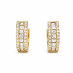 עגילי חישוק זהב 14K עם יהלומי באגט ועגולים (0.41ct G/VS)