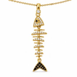 14K Goldfish Skeleton Pendant with CZ Stones – Unique Artistic Design