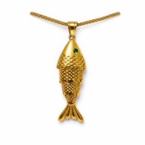 14K Gold Articulated Fish Pendant with Green Stone Eye