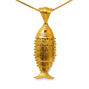 14K Gold Fish Pendant with Red Stone Eye – Detailed Textured Design