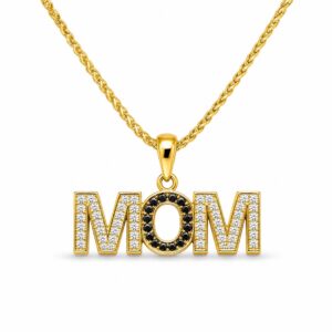 14K Gold “MOM” Pendant with White & Black CZ Stones