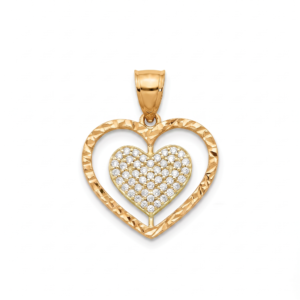 14K Gold Open Heart Pendant with CZ‑Pavé Inner Heart